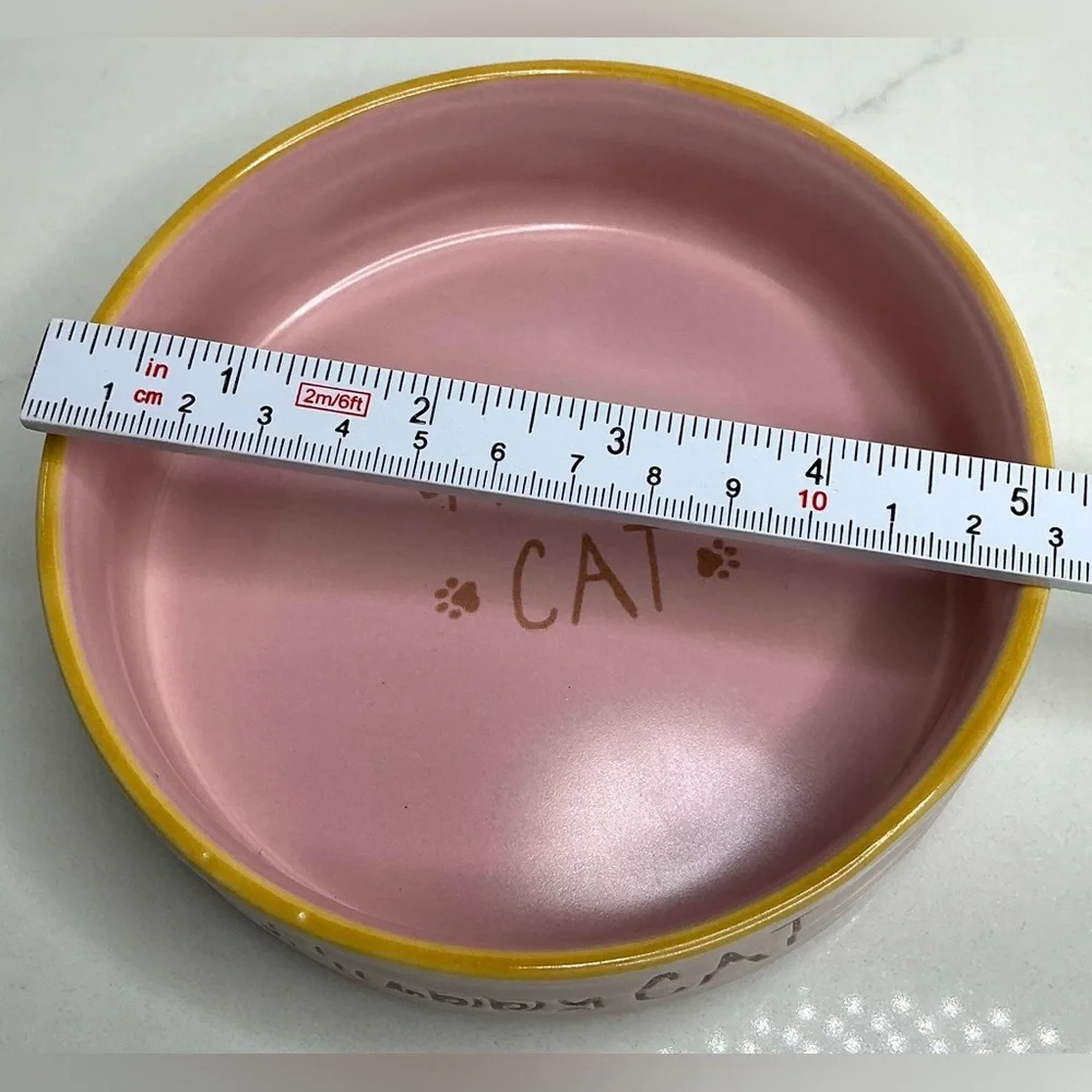 Spectrum Cat Bowl Ceramic Pink Pet Dish Food Water Happy Cat Pawprints 5.25
